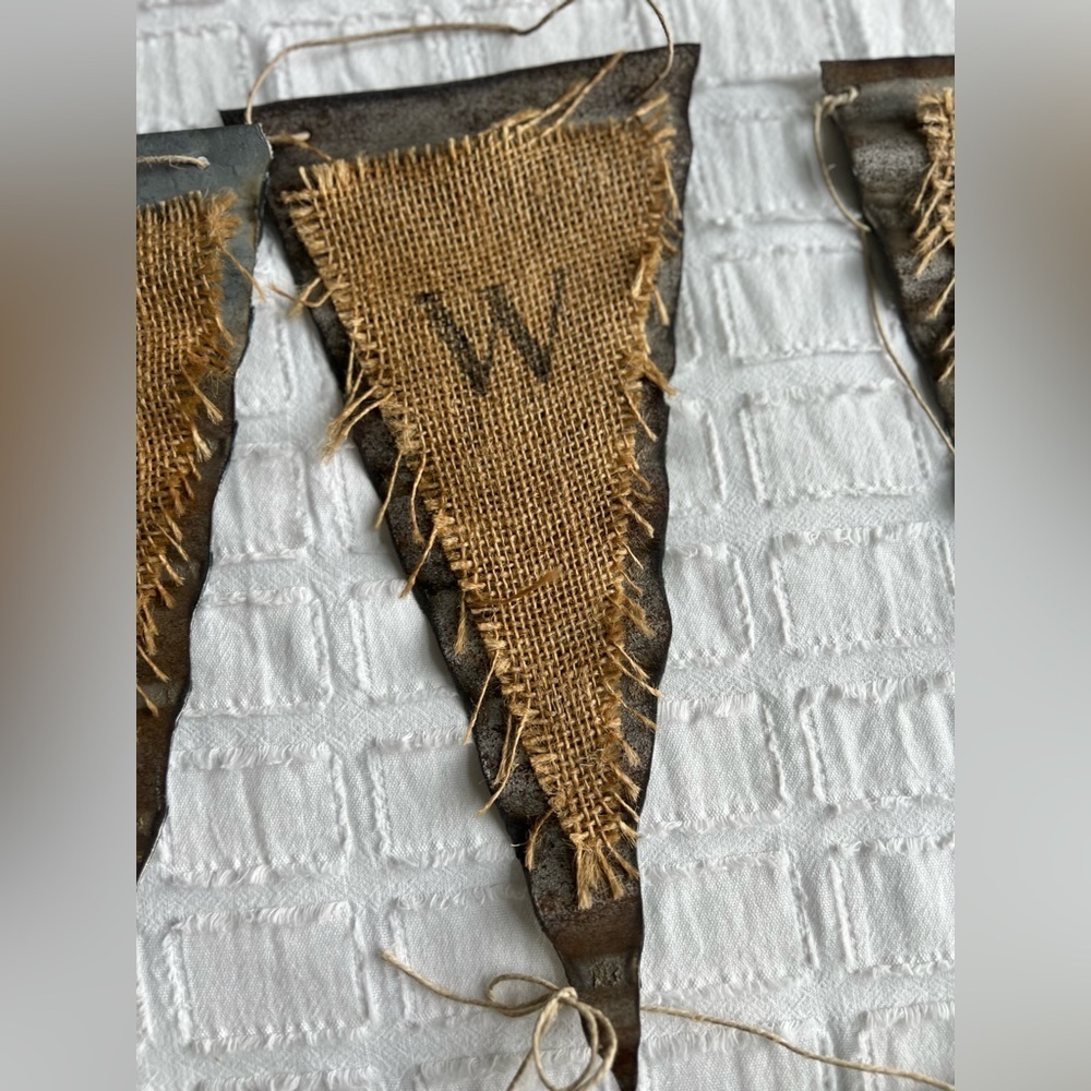 Rustic Metal Flag Burlap Accent Farmhouse Cottagecore Letter W